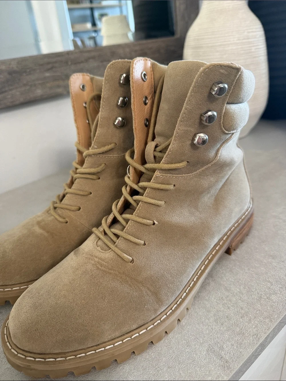 Classic Suede Lace-Up Ankle Boots in Beige